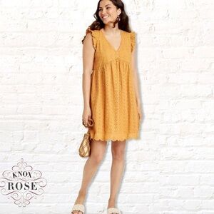 Knox Rose Mustard Yellow Cottagecore Eyelet Mini Dress Gold